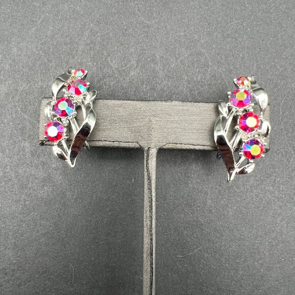 Star Jewelry - Vintage Star Screw Back Earrings Purple Pink AB Rhinestone Flower Silver Tone